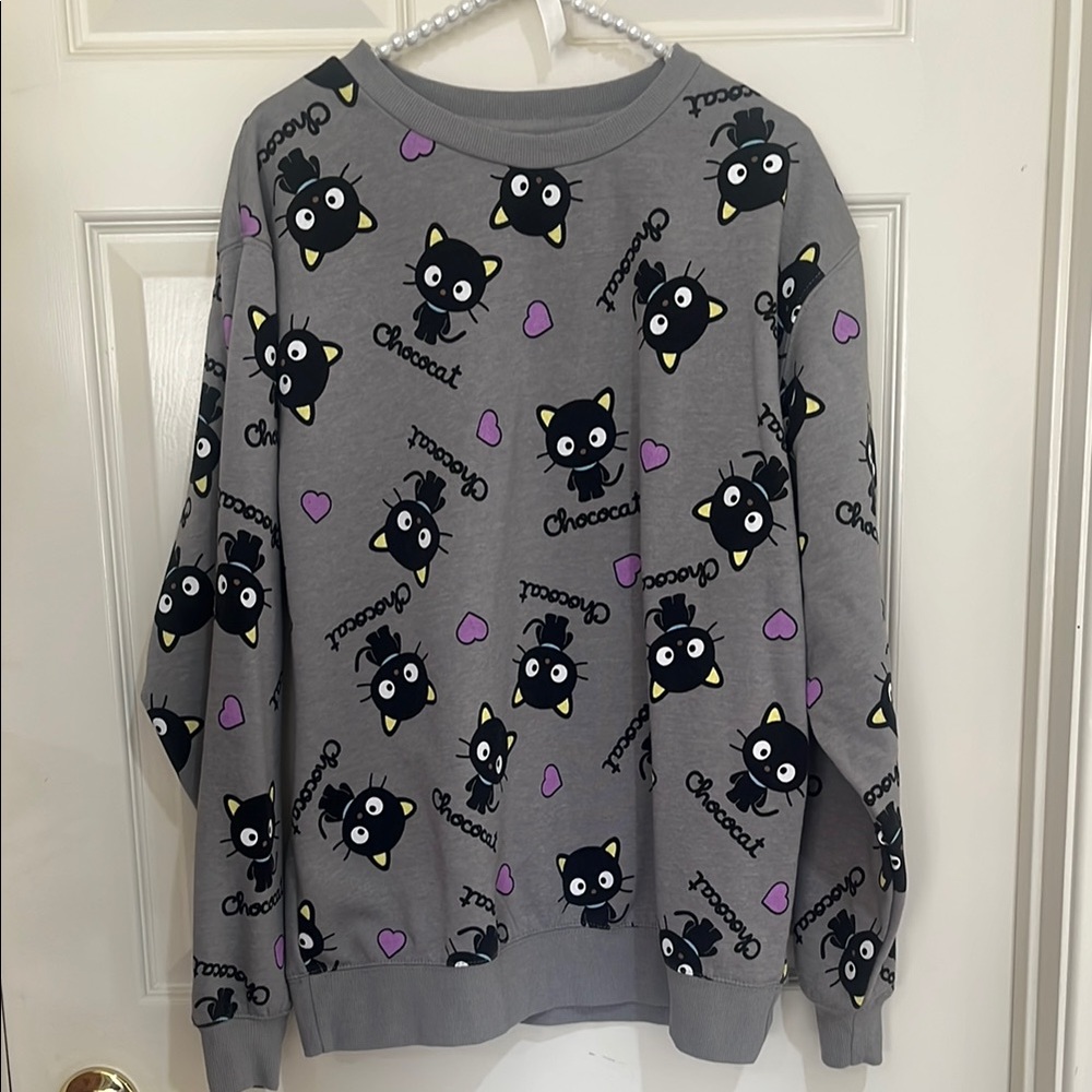 Sanrio Chococat Pullover Gray and Black Crew Neck Sweater with Abstract Doodles